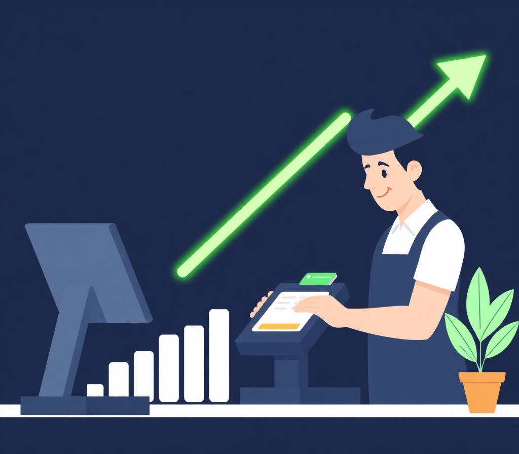 Merchant lowering processing costs at a POS terminal with savings chart