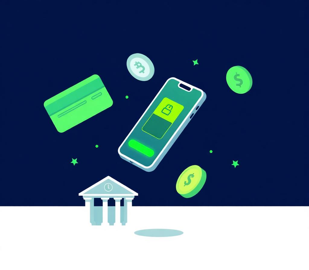 Illustration of payment methods including card, phone, bank, and contactless